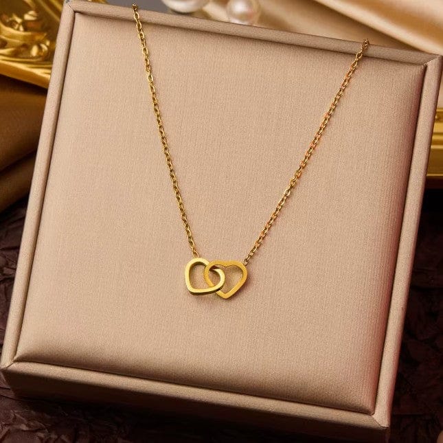 Blinket Dobbelt hjerte halskjede – Gullfarget